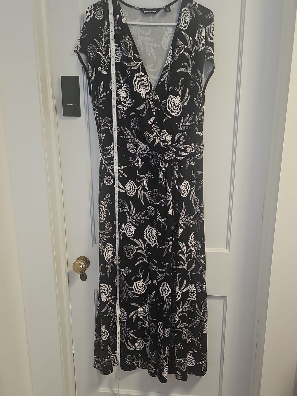 Lands End Black and White Floral Midi Wrap Dress